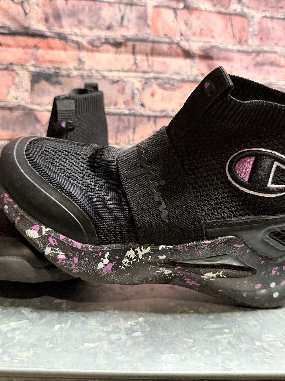 Champion girls Black Knit High-Top Sneaker with Pink Accent